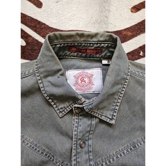 Christian Audigier Pearl Button Americana Denim Shacket Shirt Size L - Picture 3 of 5